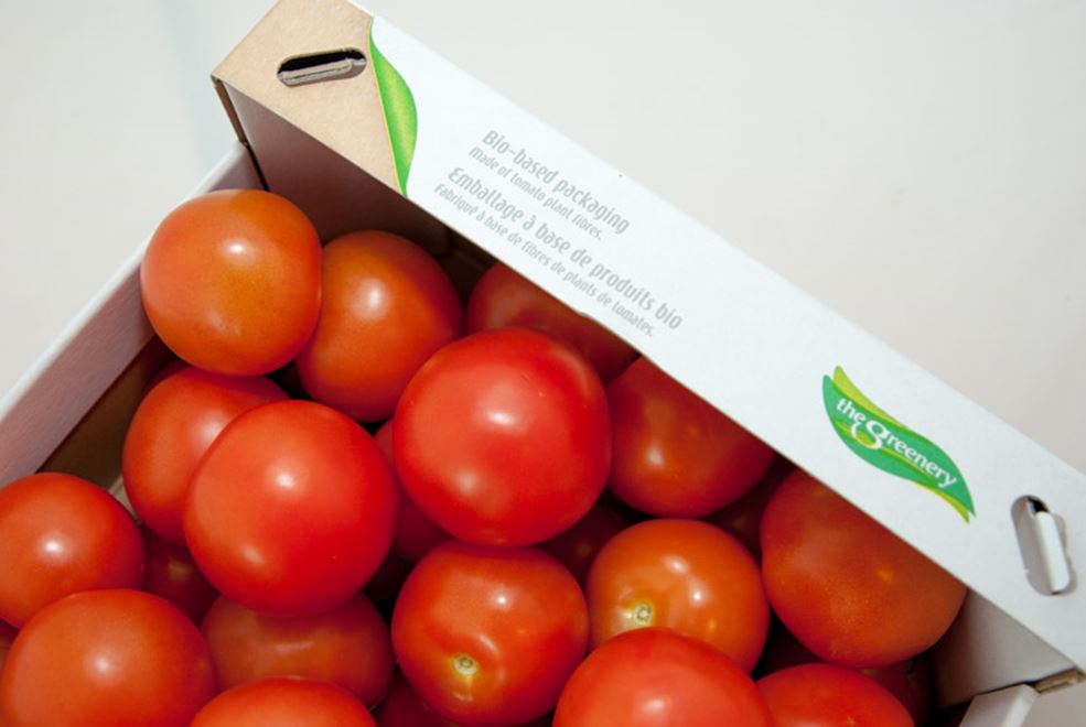 Tomato stems are used in cardboard box production wherein tomatoes are packed.